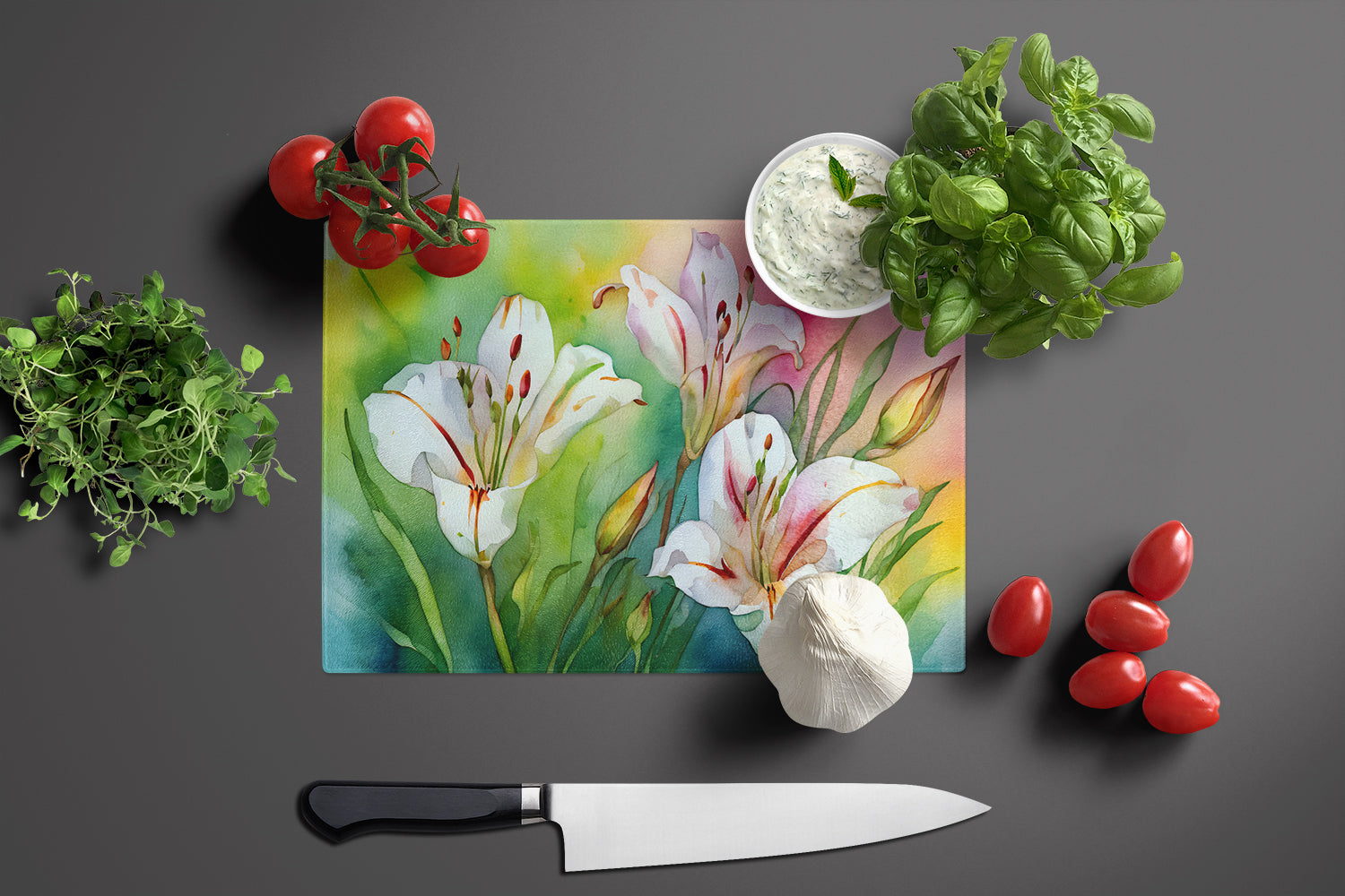 Utah Sego Lilies in Watercolor Glass Cutting Board Large  the-store.com.
