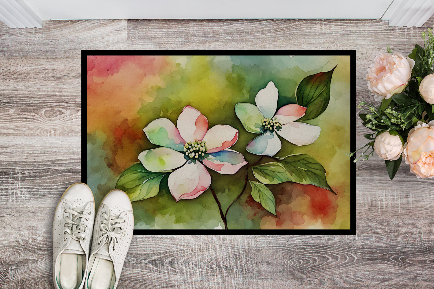 Virginia American Dogwood in Watercolor Indoor or Outdoor Mat 24x36  the-store.com.