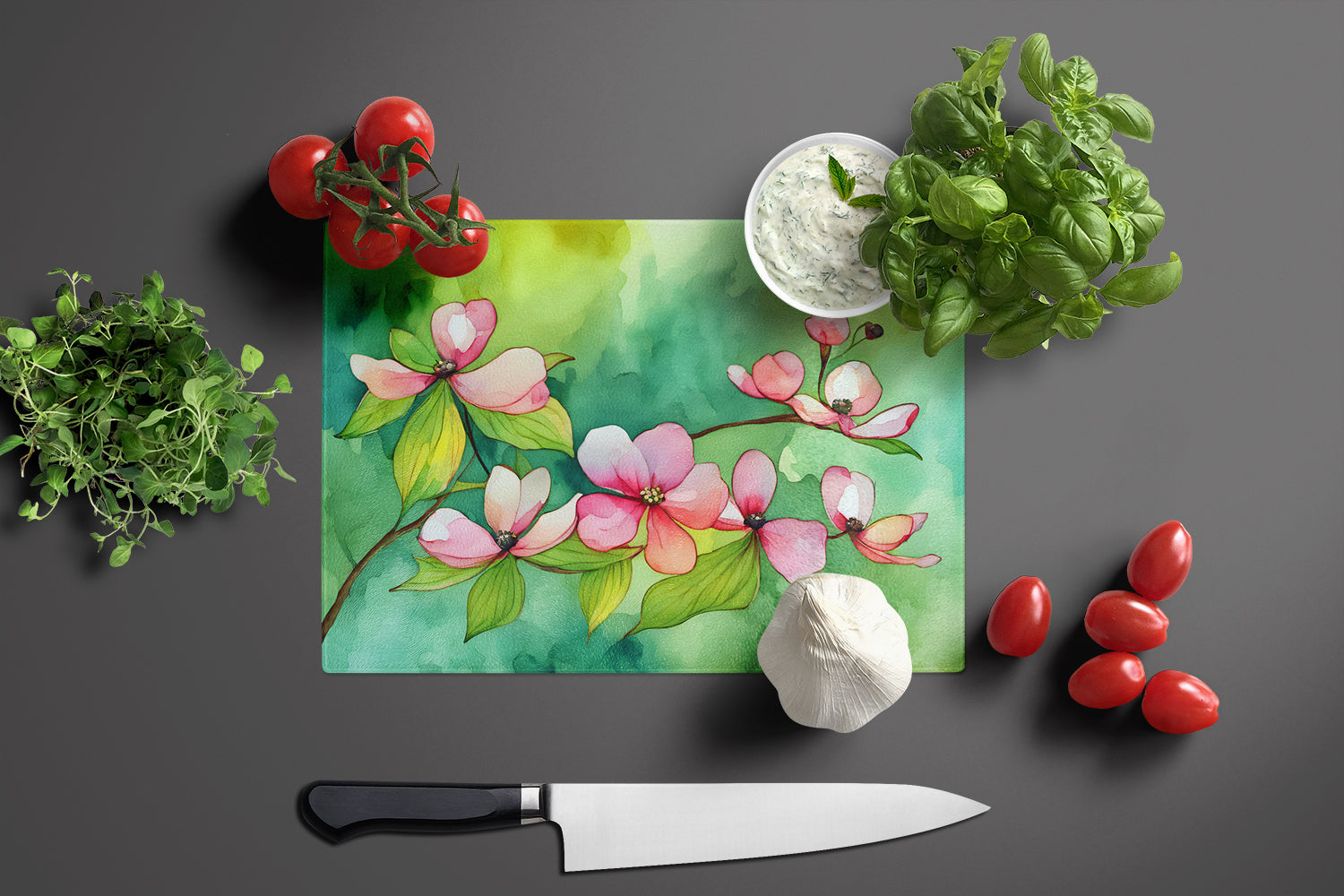 Virginia American Dogwood in Watercolor Glass Cutting Board Large  the-store.com.