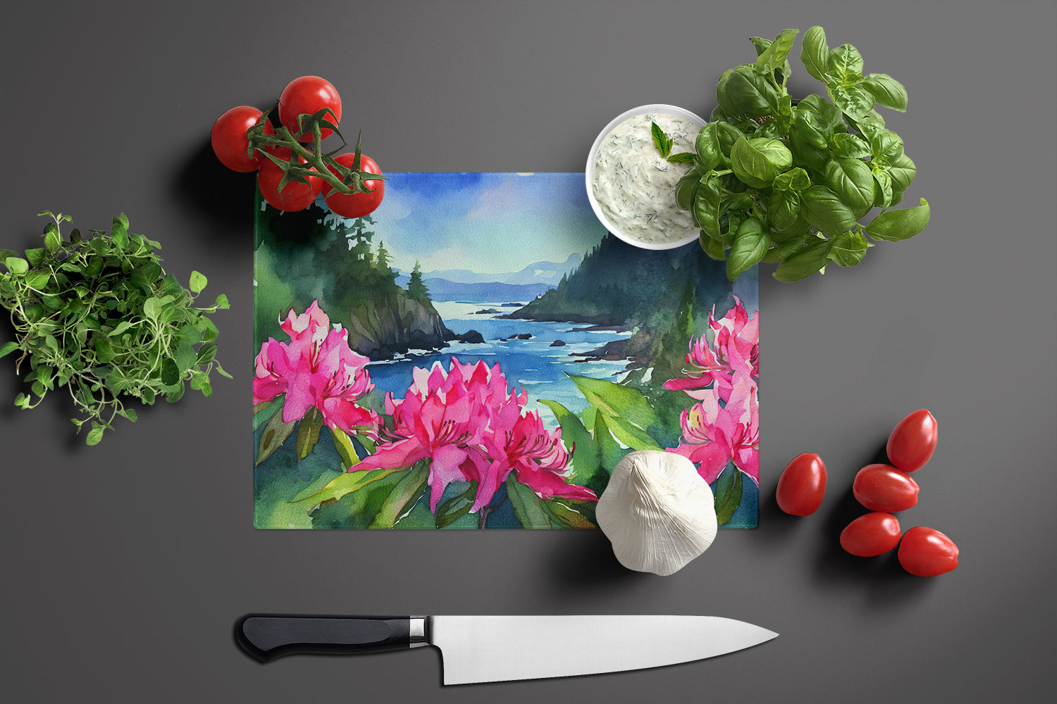 Washington Coast Rhododendrons in Watercolor Glass Cutting Board Large  the-store.com.