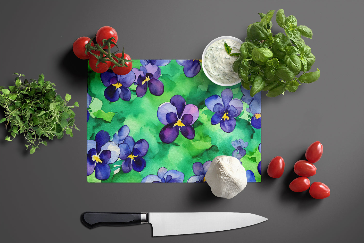 Wisconsin Wood Violets in Watercolor Glass Cutting Board Large  the-store.com.