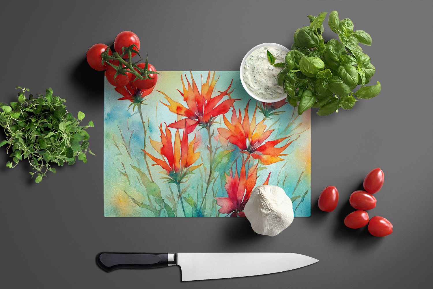 Wyoming Indian Paintbrush in Watercolor Glass Cutting Board Large  the-store.com.