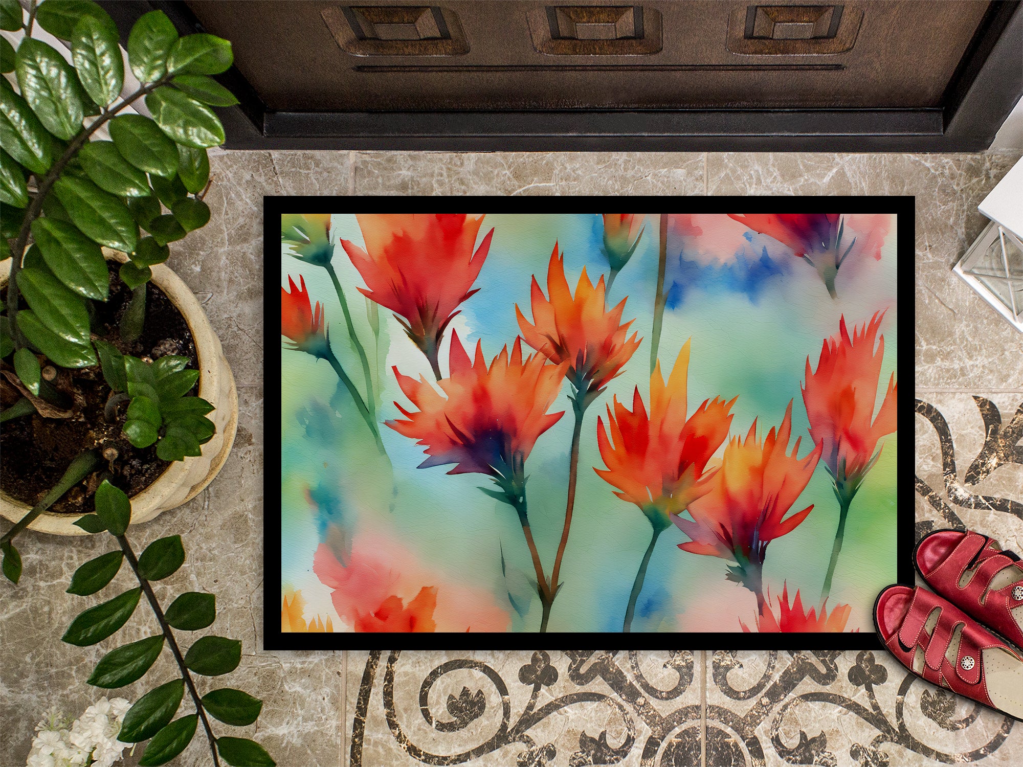 Wyoming Indian Paintbrush in Watercolor Indoor or Outdoor Mat 24x36  the-store.com.