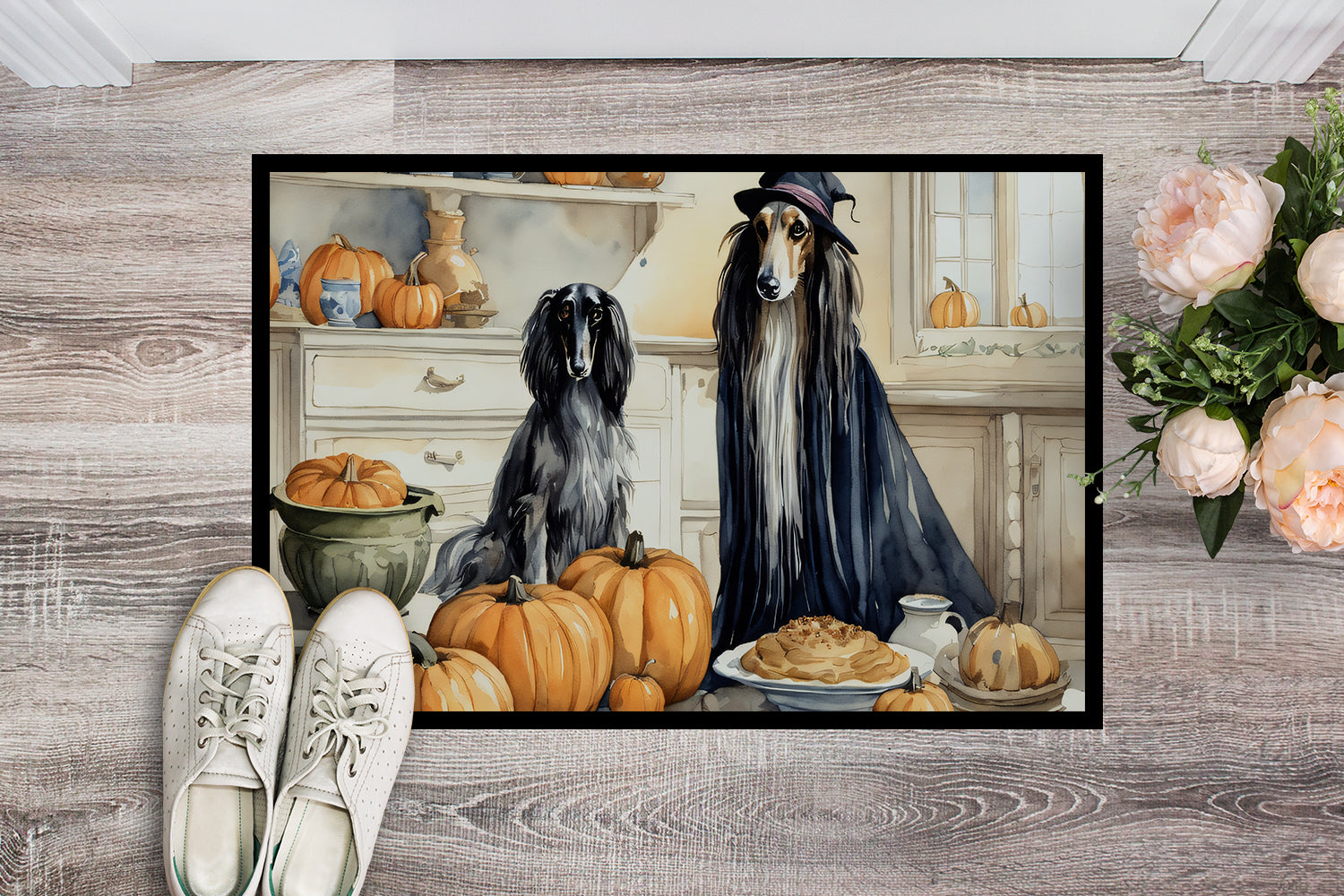 Afghan Hound Fall Kitchen Pumpkins Indoor or Outdoor Mat 24x36  the-store.com.