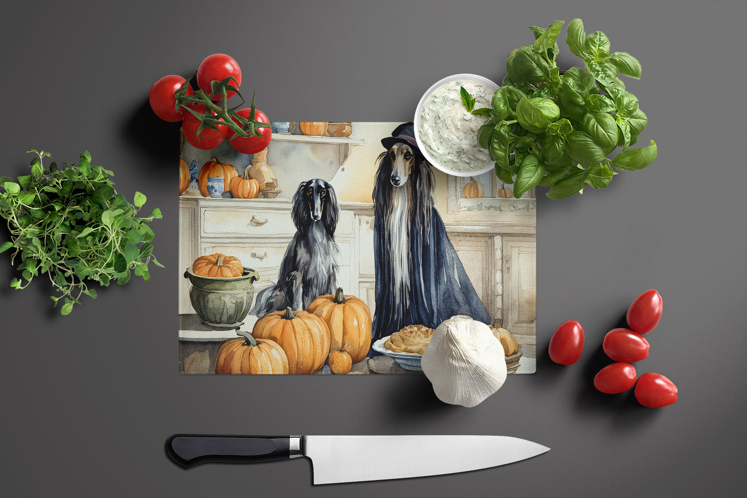 Afghan Hound Fall Kitchen Pumpkins Glass Cutting Board Large  the-store.com.