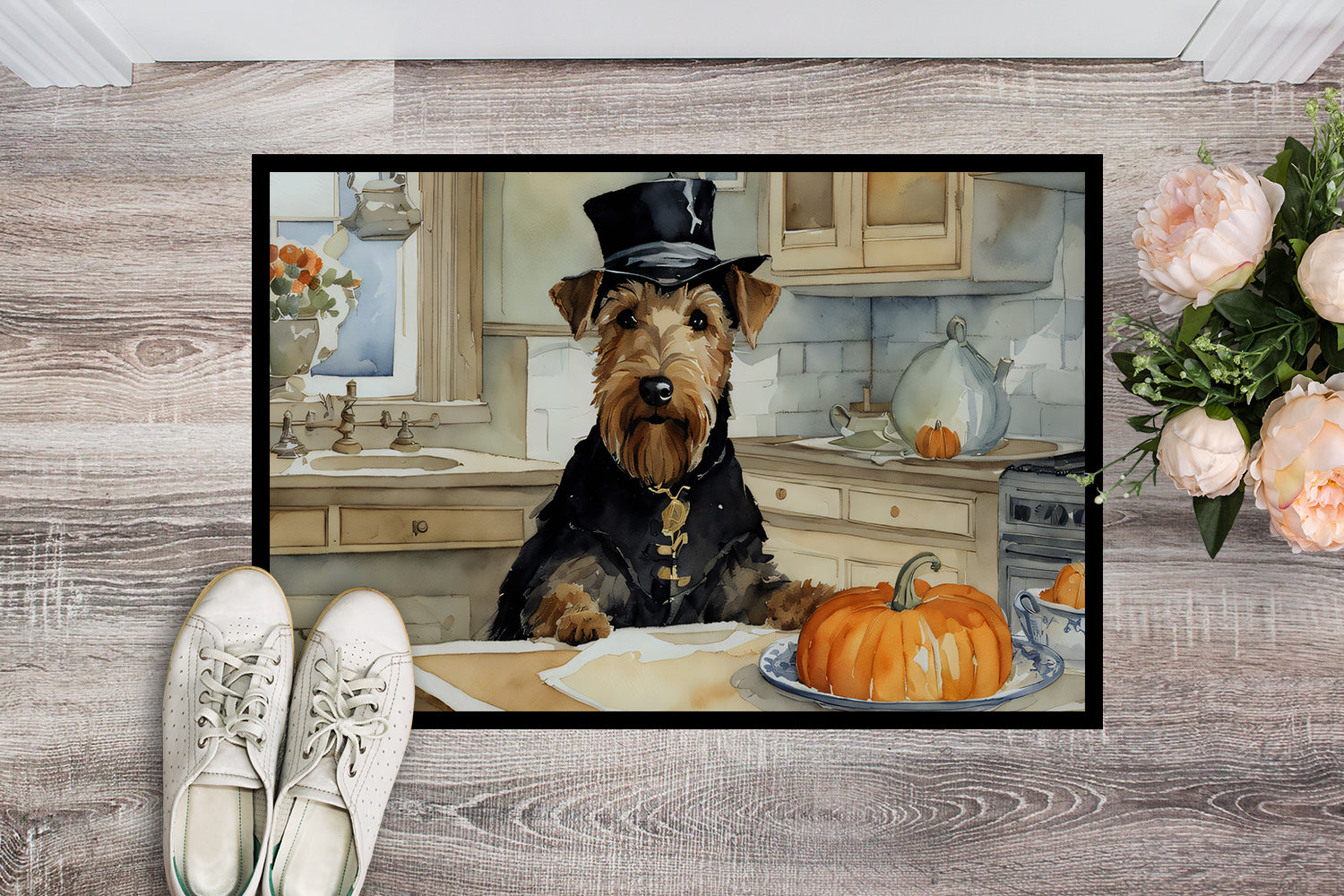 Airedale Terrier Fall Kitchen Pumpkins Indoor or Outdoor Mat 24x36  the-store.com.