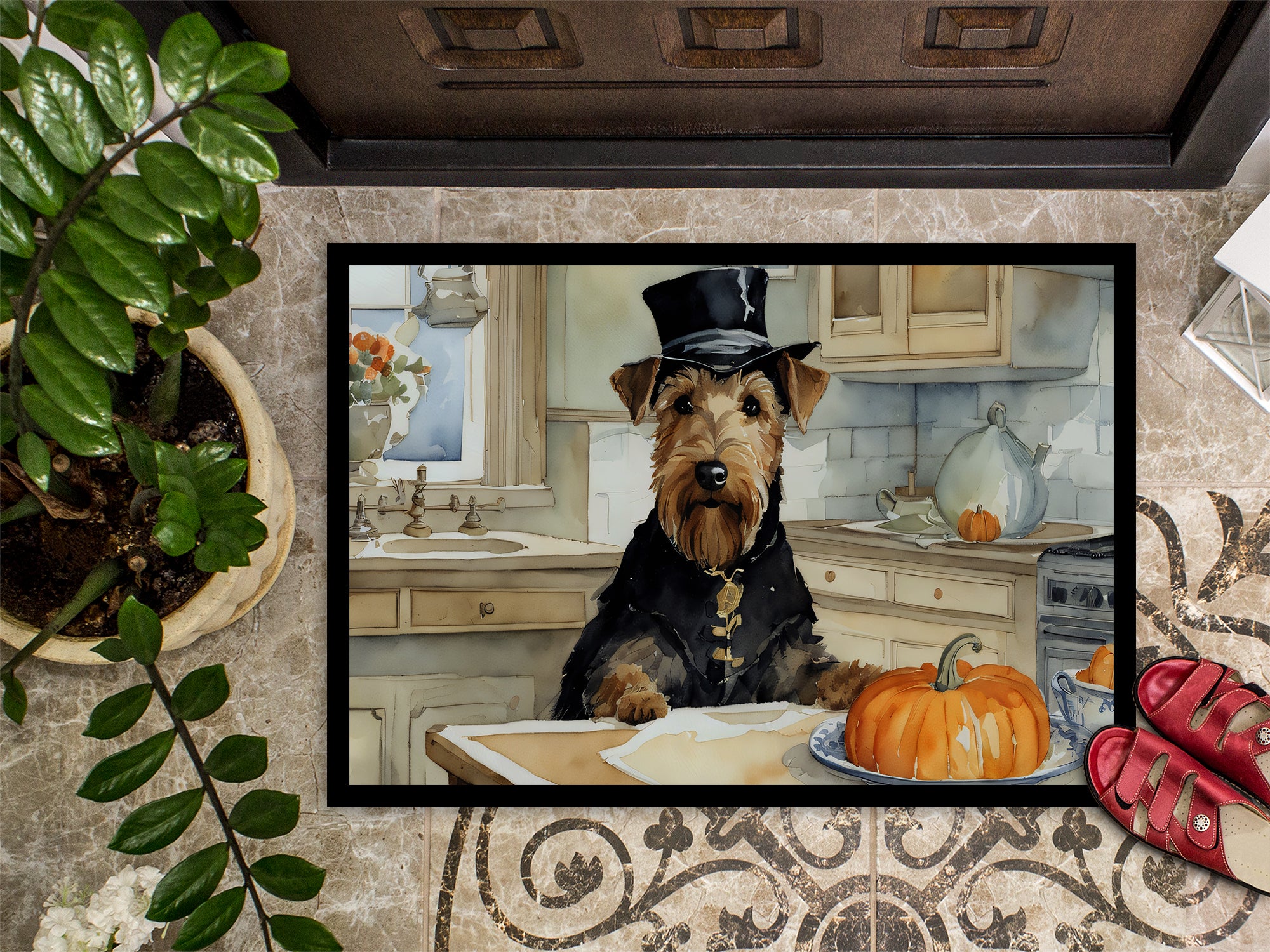 Airedale Terrier Fall Kitchen Pumpkins Indoor or Outdoor Mat 24x36  the-store.com.