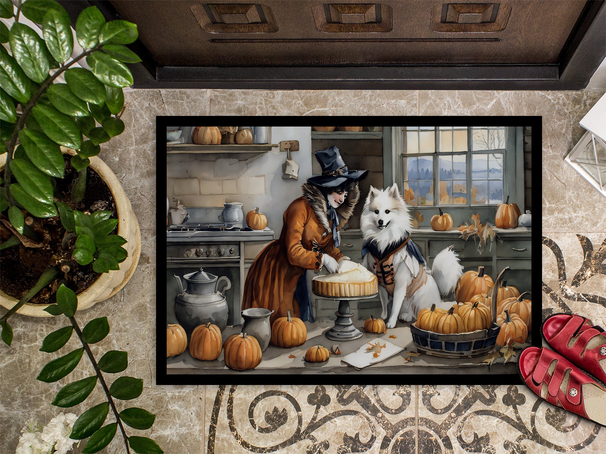 American Eskimo Fall Kitchen Pumpkins Indoor or Outdoor Mat 24x36  the-store.com.