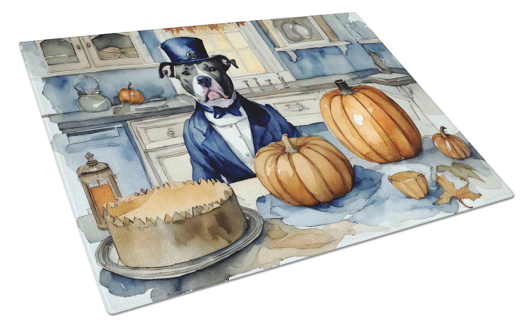 Buy this Pit Bull Terrier Fall Kitchen Pumpkins Glass Cutting Board Large