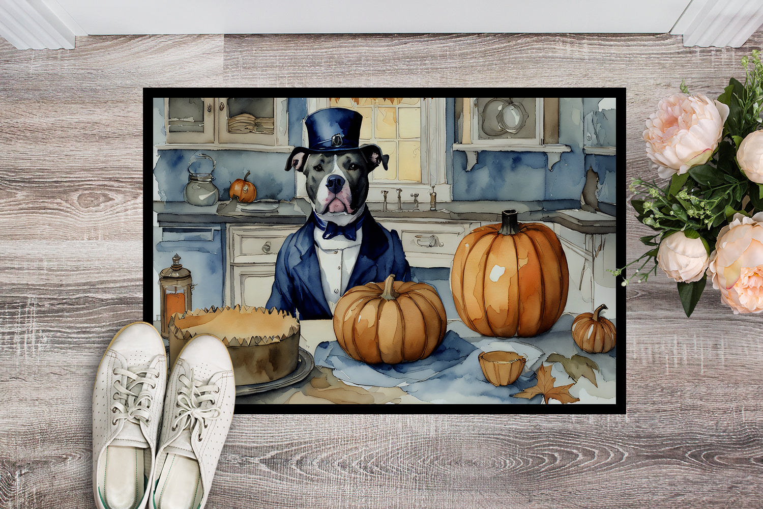 Pit Bull Terrier Fall Kitchen Pumpkins Doormat 18x27