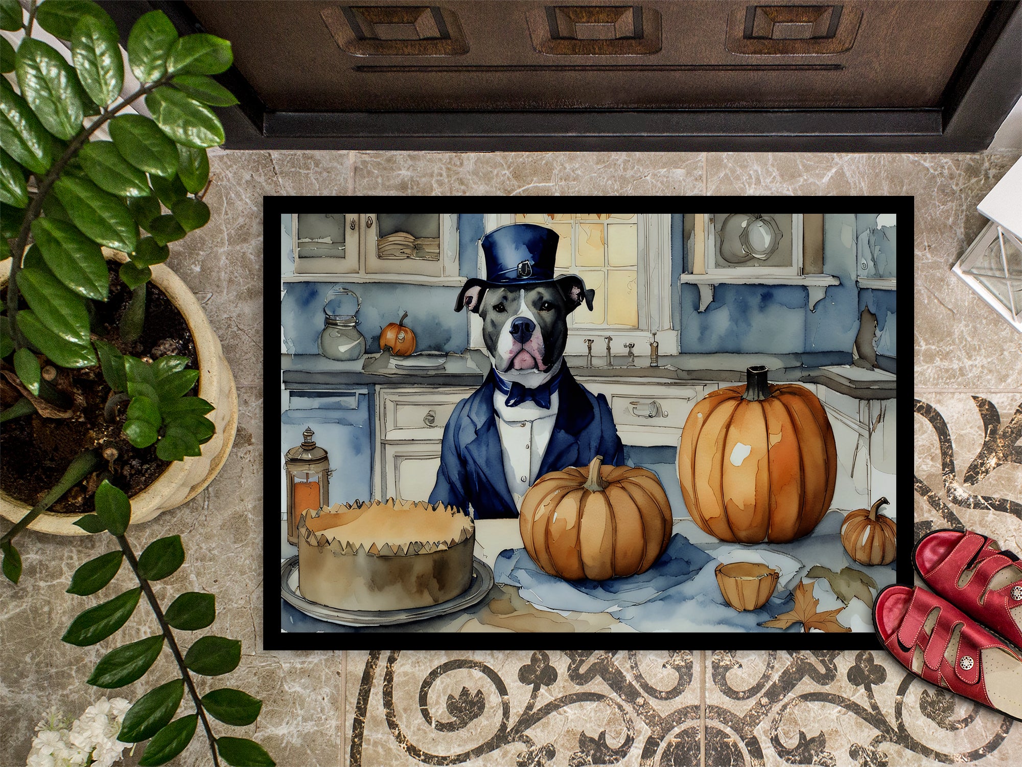 Pit Bull Terrier Fall Kitchen Pumpkins Doormat 18x27