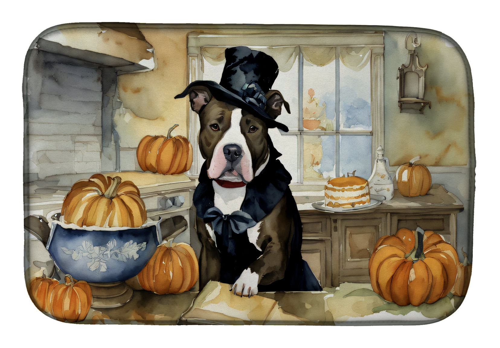 Buy this Pit Bull Terrier Fall Kitchen Pumpkins Dish Drying Mat