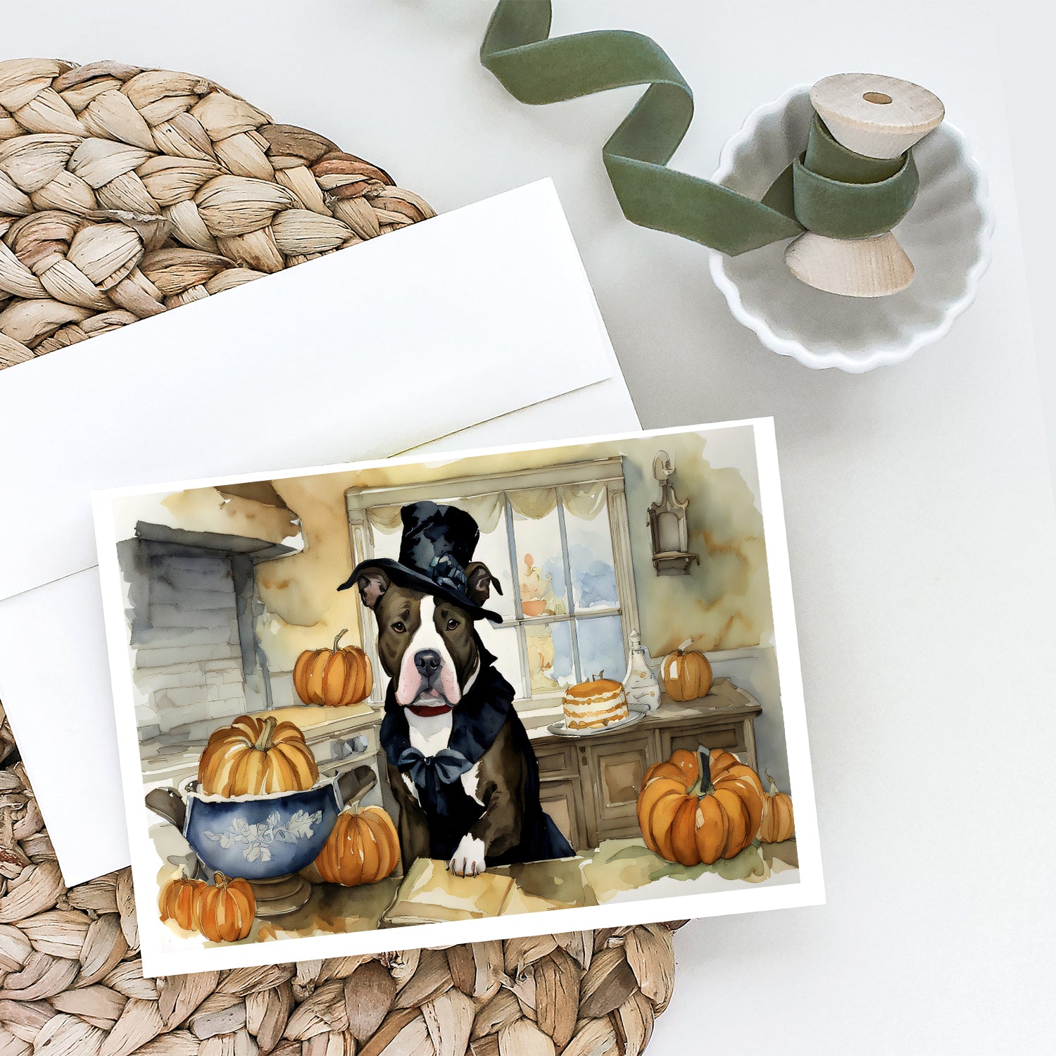 Pit Bull Terrier Fall Kitchen Pumpkins Greeting Cards and Envelopes Pack of 8