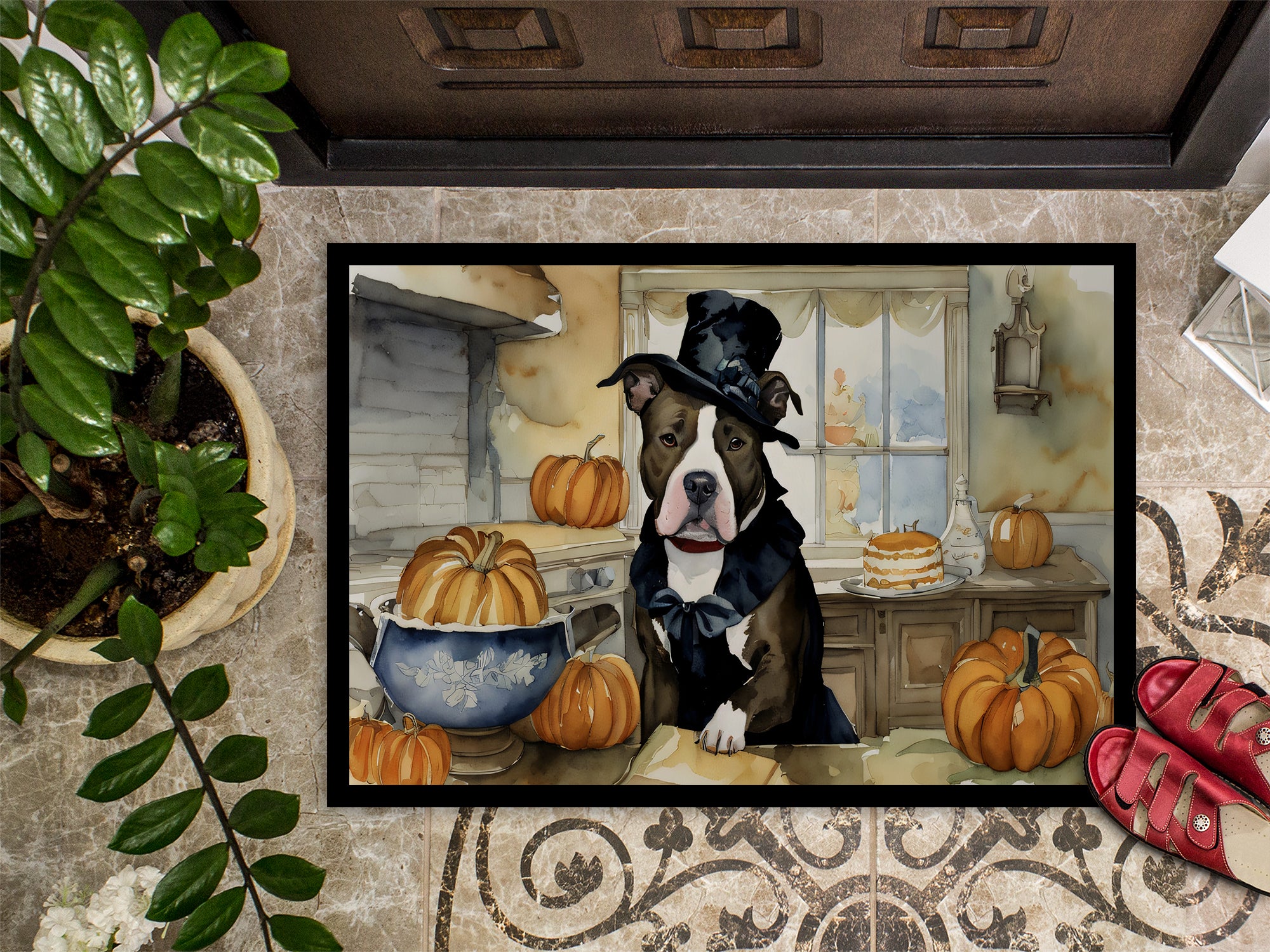 Pit Bull Terrier Fall Kitchen Pumpkins Indoor or Outdoor Mat 24x36  the-store.com.