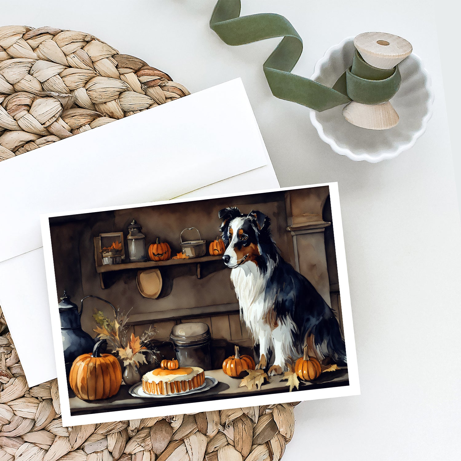 Australian Shepherd Fall Kitchen Pumpkins Greeting Cards and Envelopes Pack of 8  the-store.com.