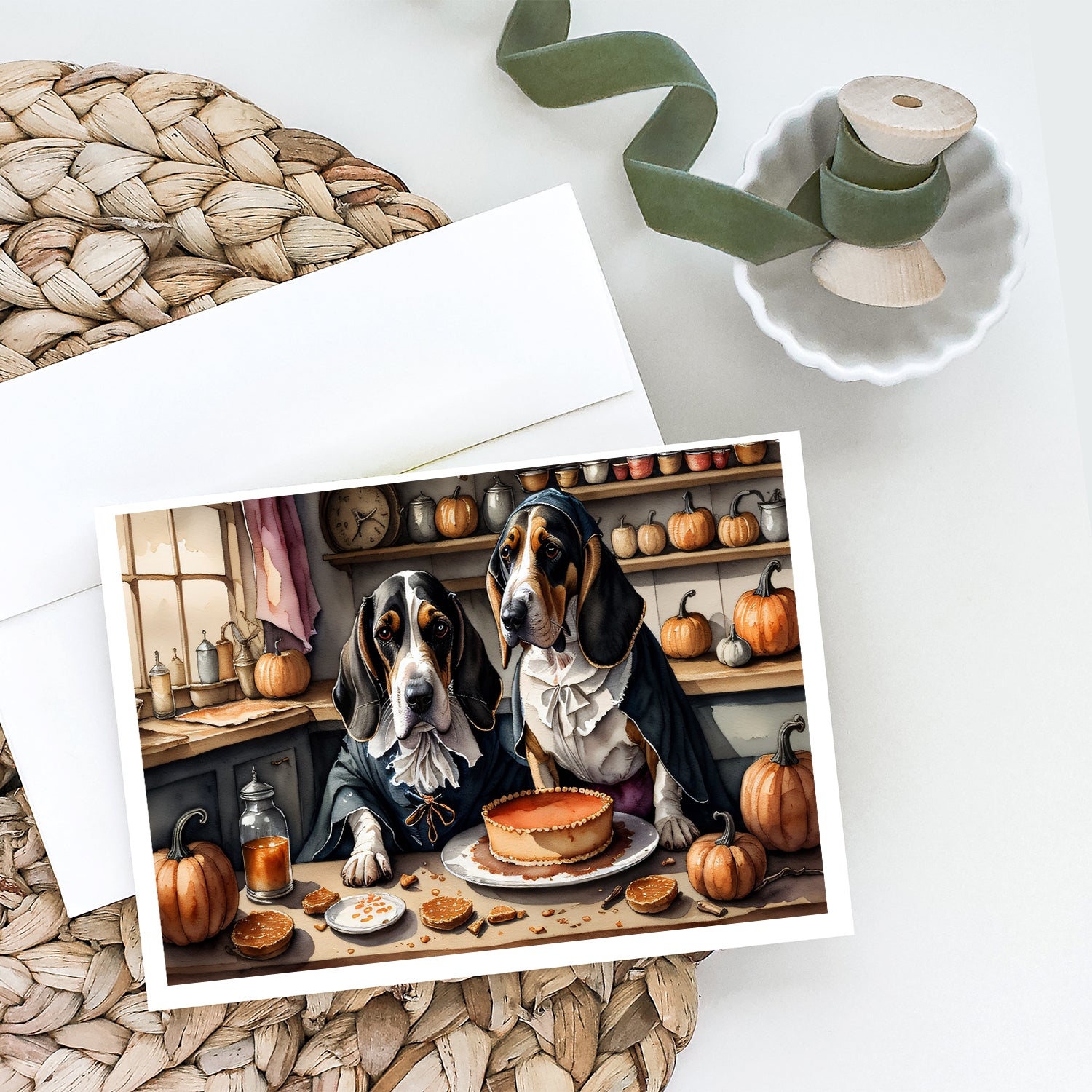 Buy this Basset Hound Fall Kitchen Pumpkins Greeting Cards and Envelopes Pack of 8