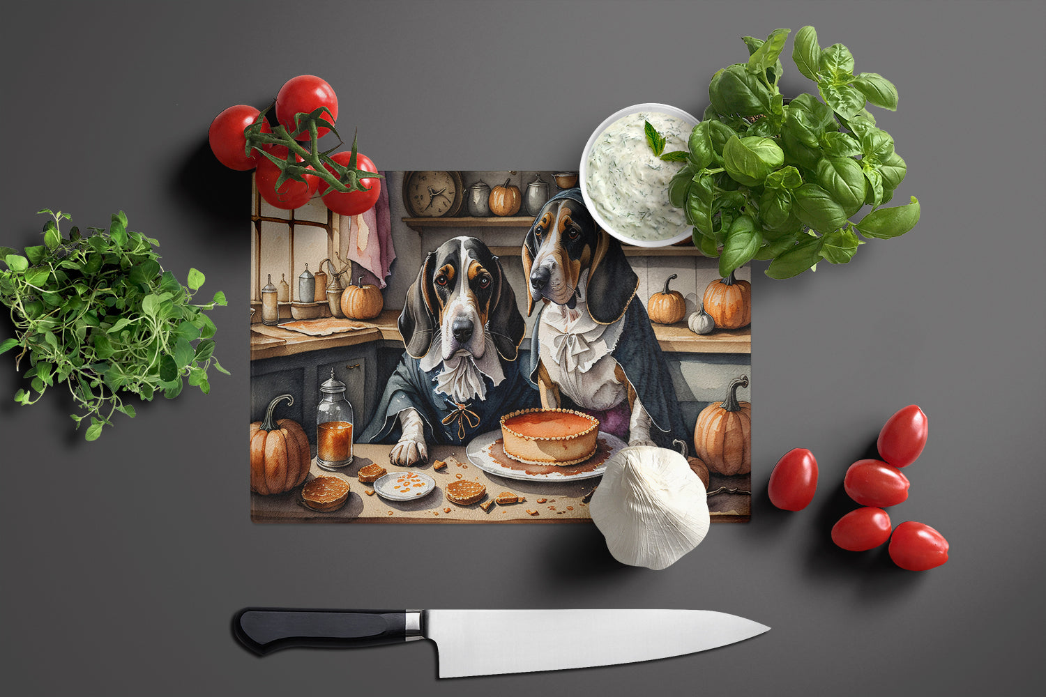 Basset Hound Fall Kitchen Pumpkins Glass Cutting Board Large  the-store.com.