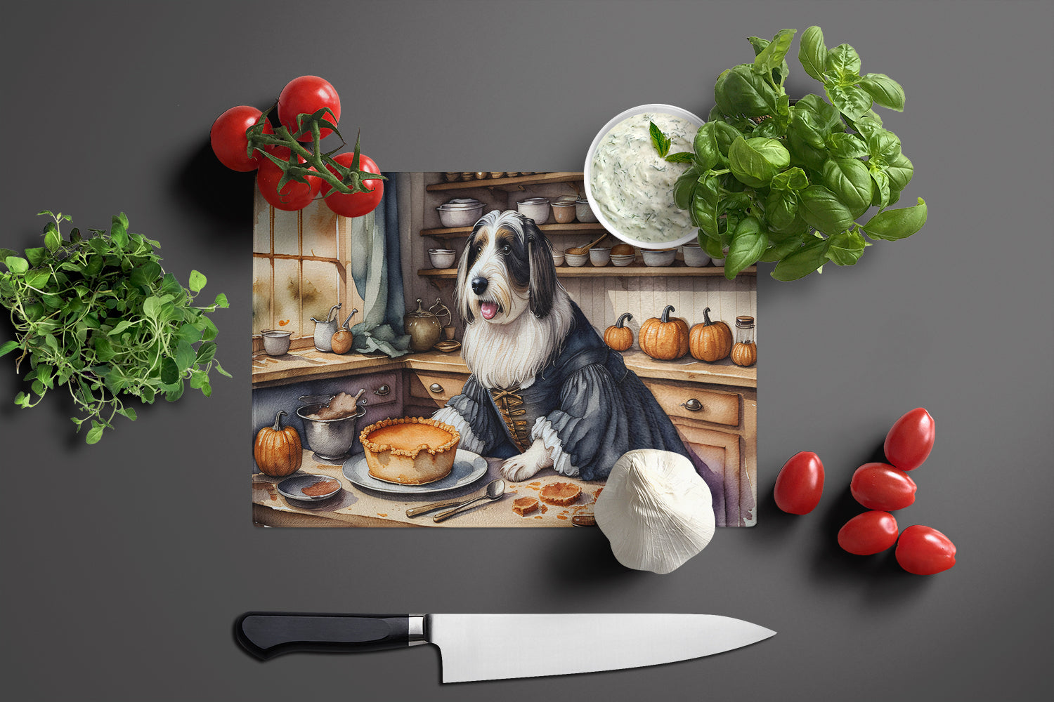 Bearded Collie Fall Kitchen Pumpkins Glass Cutting Board Large  the-store.com.