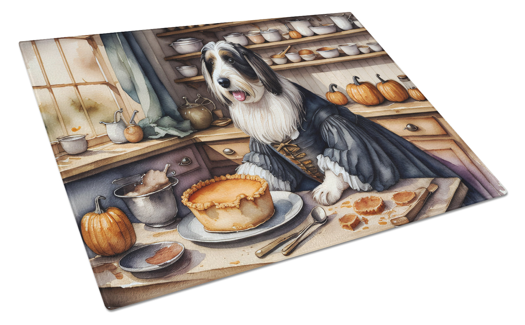 Buy this Bearded Collie Fall Kitchen Pumpkins Glass Cutting Board Large