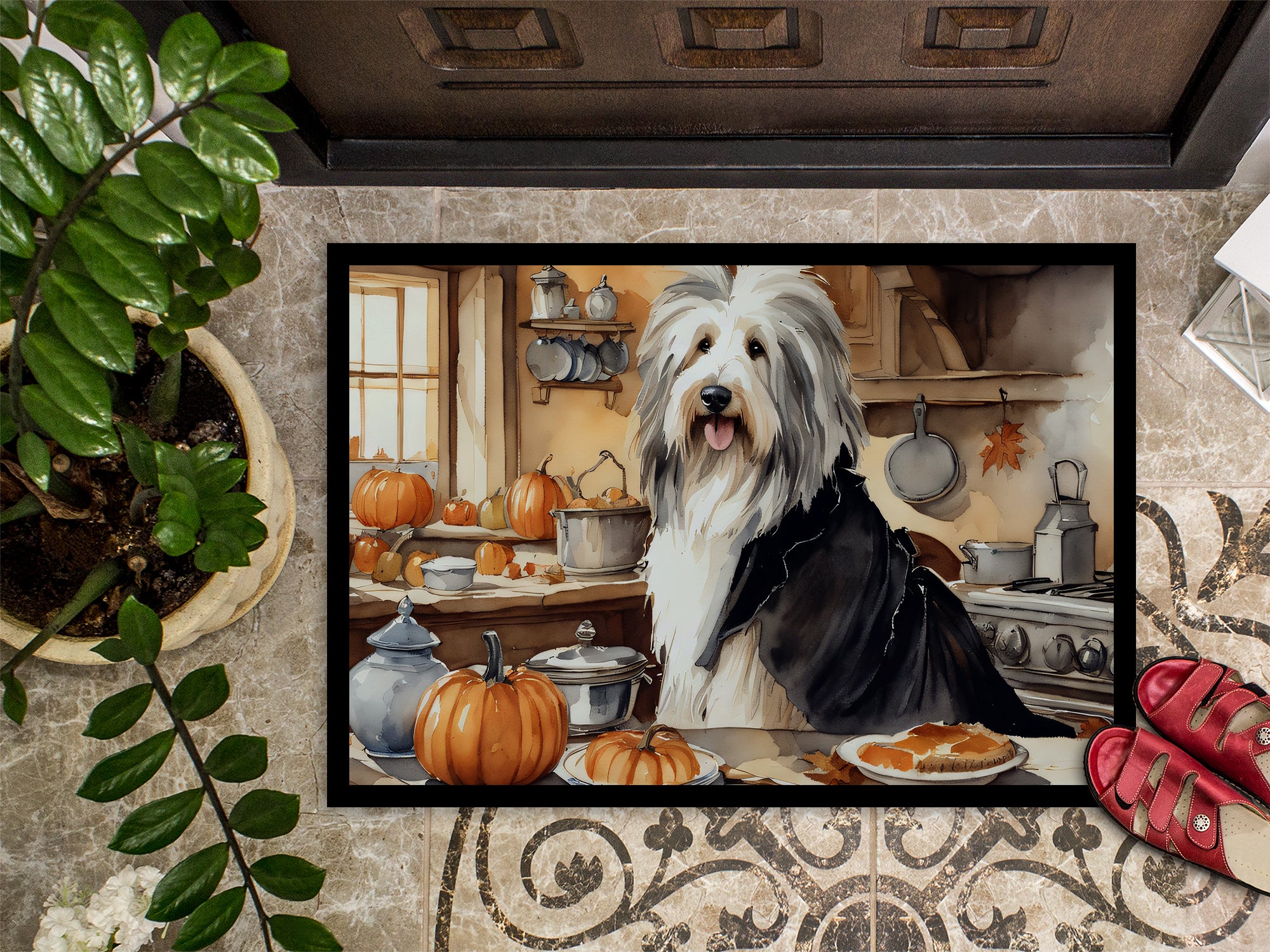 Bearded Collie Fall Kitchen Pumpkins Indoor or Outdoor Mat 24x36  the-store.com.