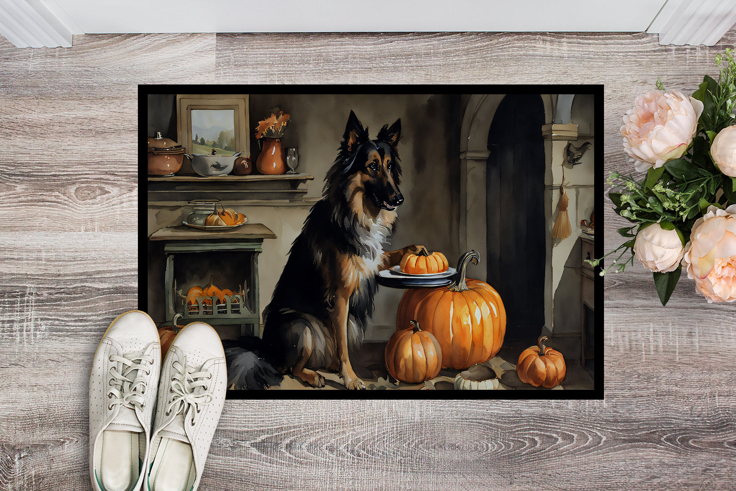 Belgian Tervuren Fall Kitchen Pumpkins Indoor or Outdoor Mat 24x36  the-store.com.