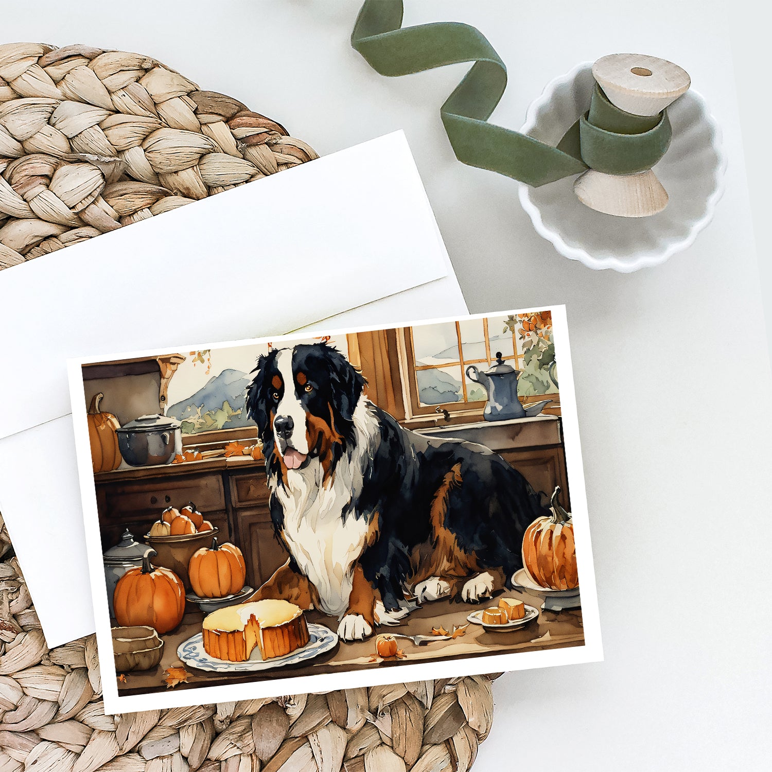 Bernese Mountain Dog Fall Kitchen Pumpkins Greeting Cards and Envelopes Pack of 8  the-store.com.
