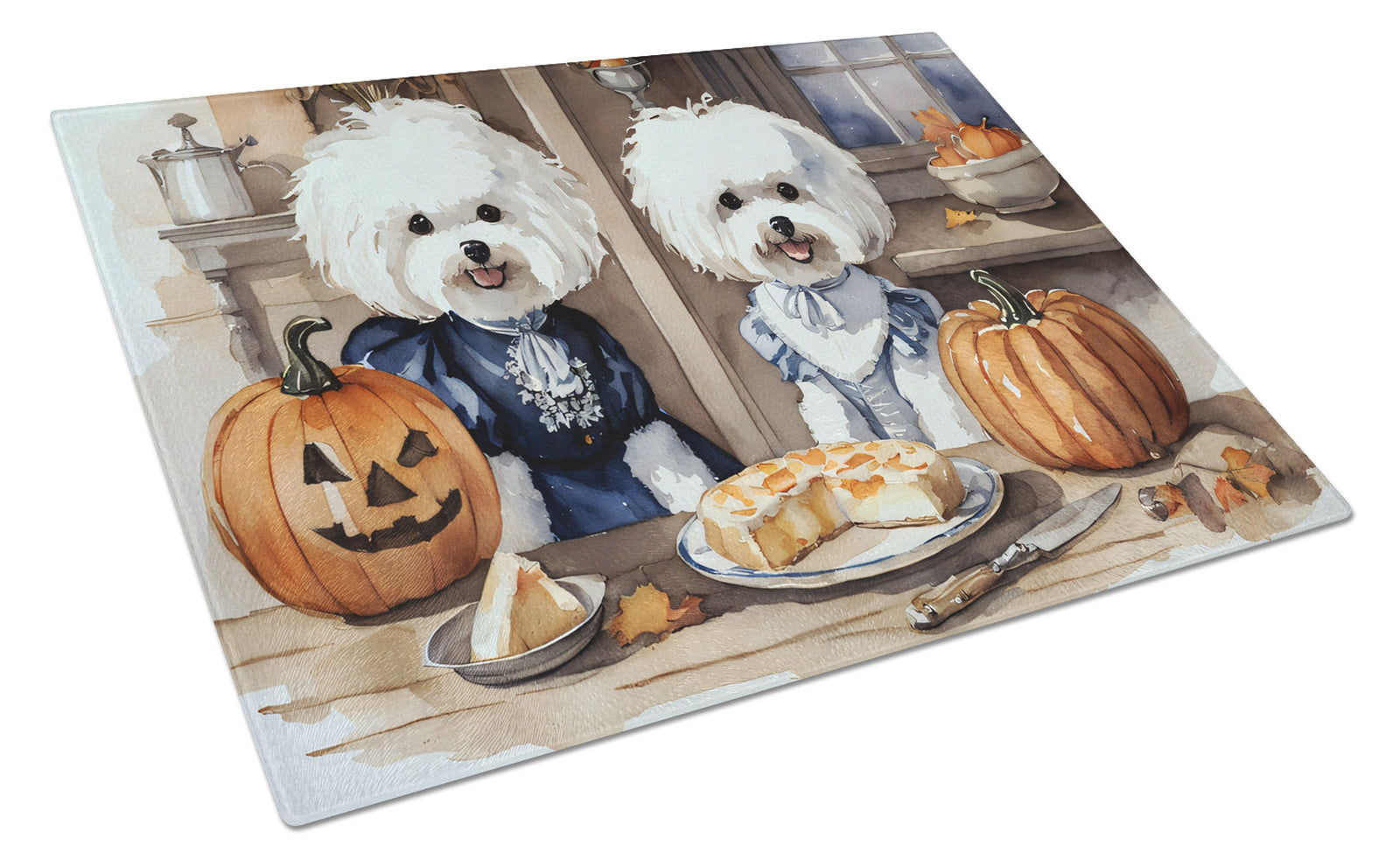 Buy this Bichon Frise Fall Kitchen Pumpkins Glass Cutting Board Large