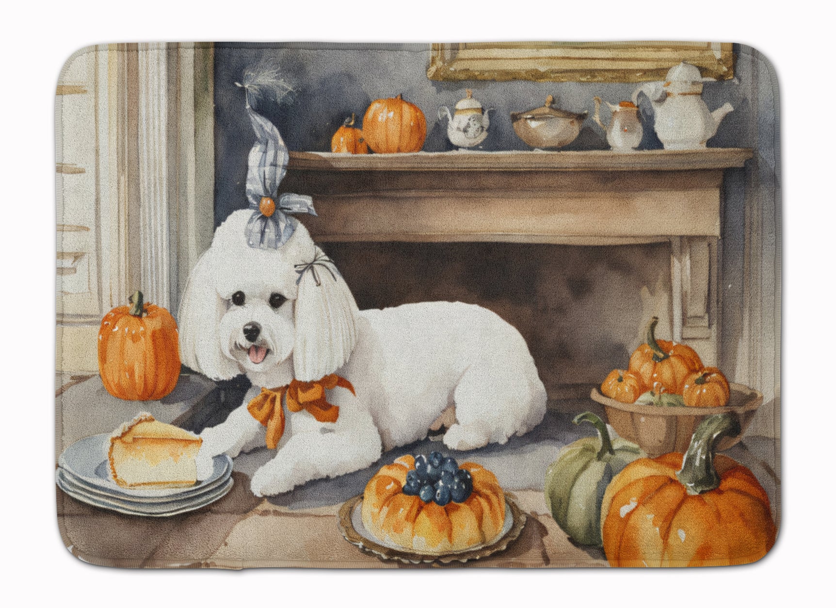 Buy this Bichon Frise Fall Kitchen Pumpkins Memory Foam Kitchen Mat