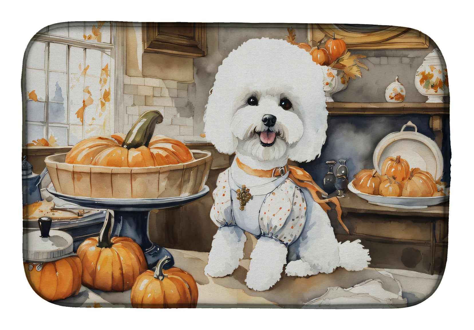 Buy this Bichon Frise Fall Kitchen Pumpkins Dish Drying Mat