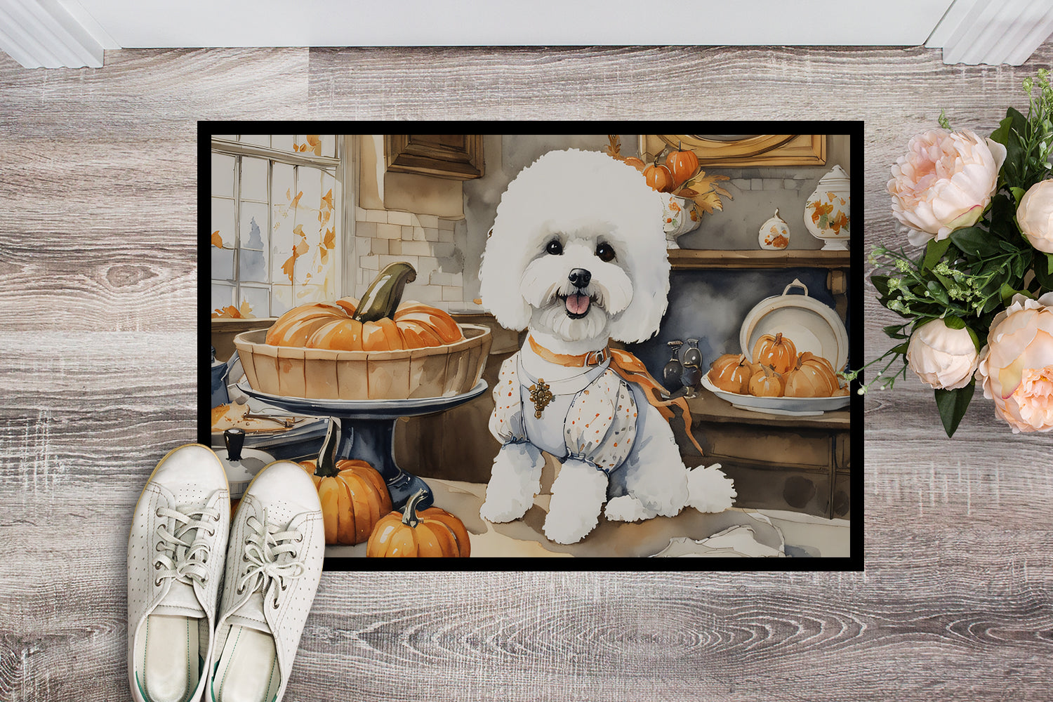 Bichon Frise Fall Kitchen Pumpkins Indoor or Outdoor Mat 24x36  the-store.com.