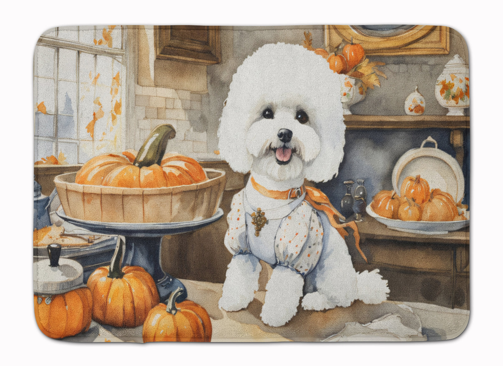 Buy this Bichon Frise Fall Kitchen Pumpkins Memory Foam Kitchen Mat