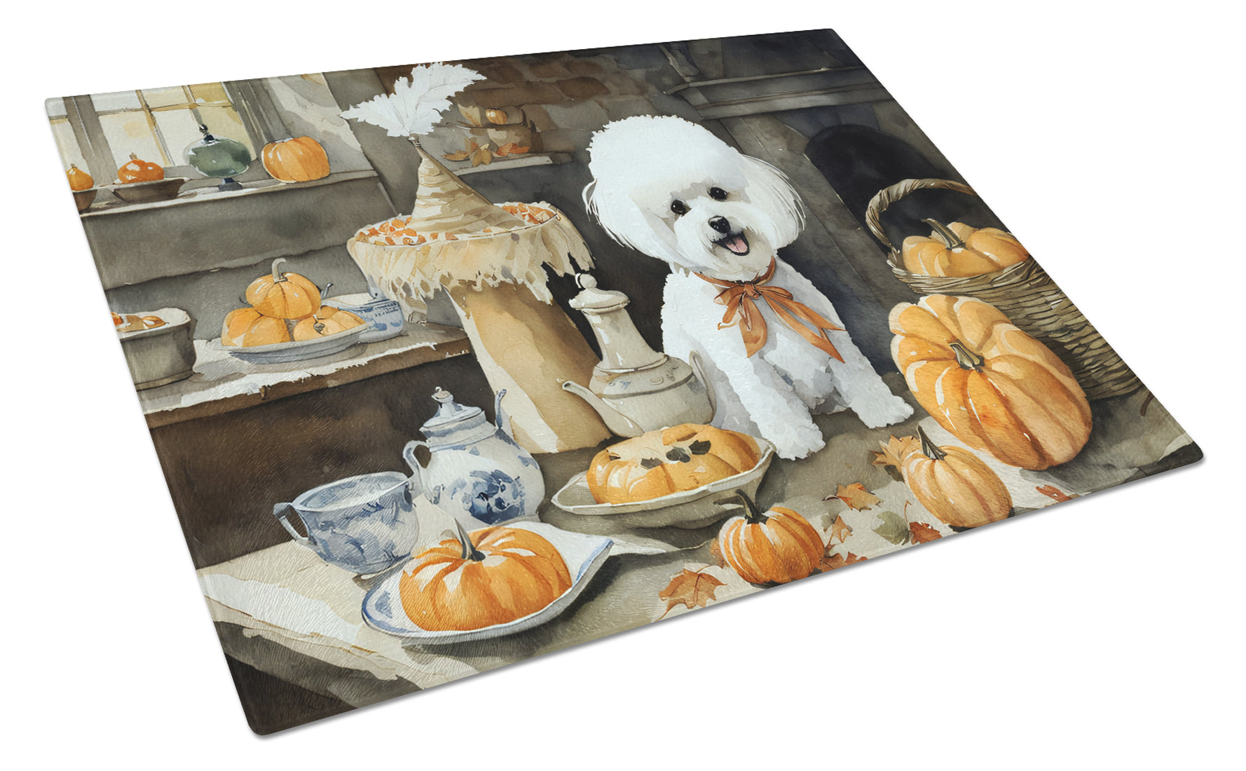 Buy this Bichon Frise Fall Kitchen Pumpkins Glass Cutting Board Large