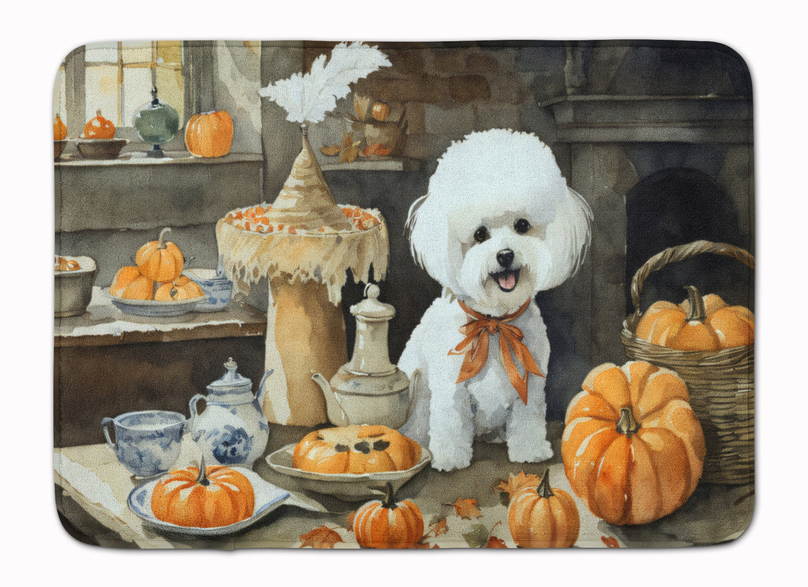 Buy this Bichon Frise Fall Kitchen Pumpkins Memory Foam Kitchen Mat