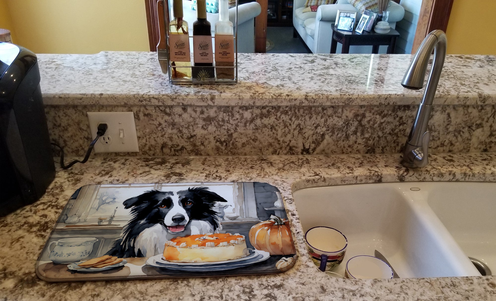 Border Collie Fall Kitchen Pumpkins Dish Drying Mat