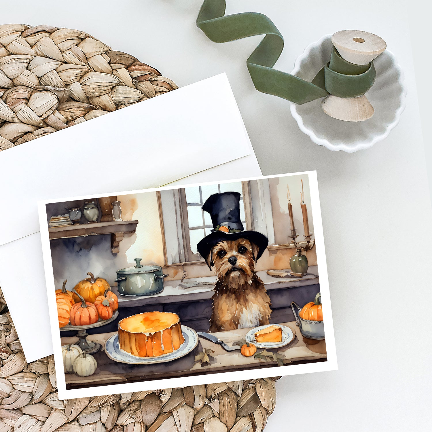 Border Terrier Fall Kitchen Pumpkins Greeting Cards and Envelopes Pack of 8