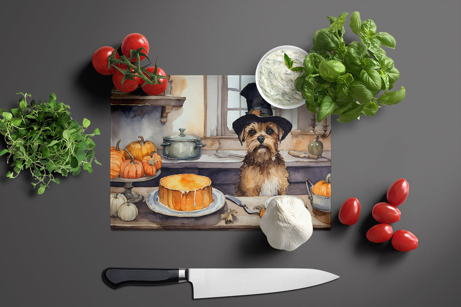 Border Terrier Fall Kitchen Pumpkins Glass Cutting Board Large  the-store.com.