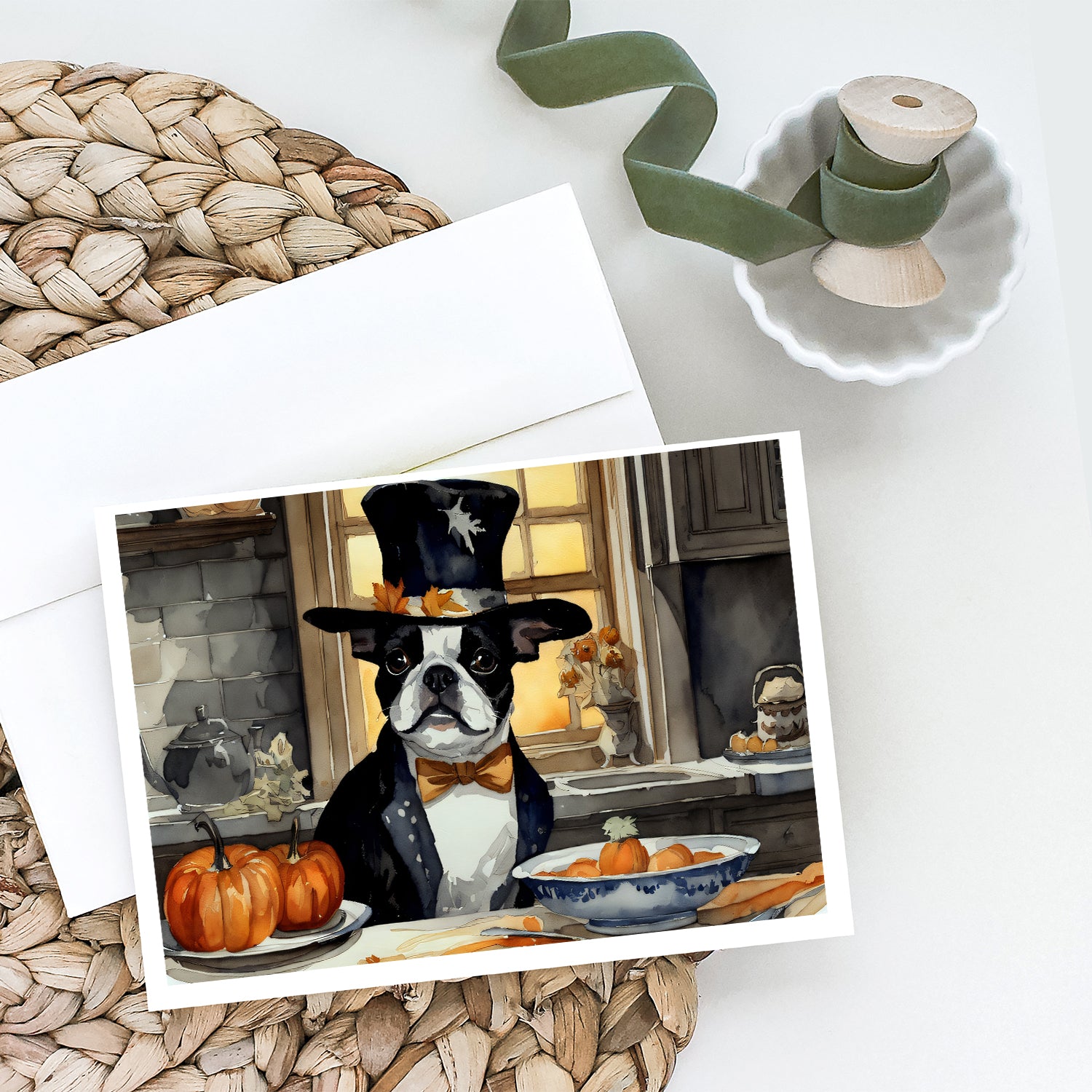 Boston Terrier Fall Kitchen Pumpkins Greeting Cards and Envelopes Pack of 8  the-store.com.