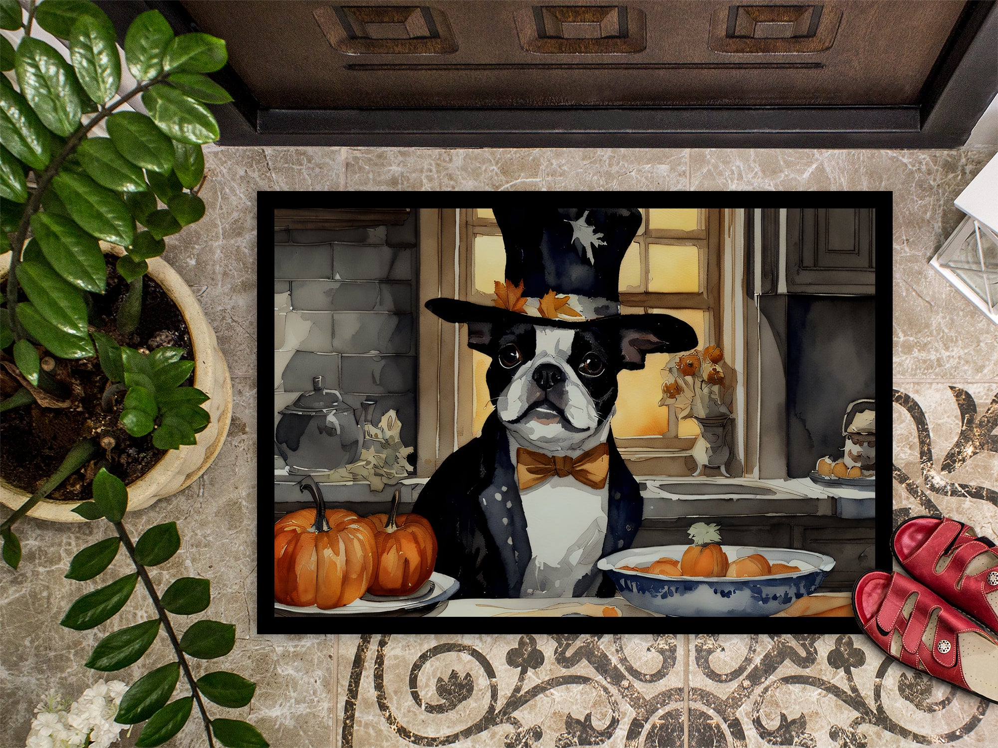 Boston Terrier Fall Kitchen Pumpkins Indoor or Outdoor Mat 24x36  the-store.com.