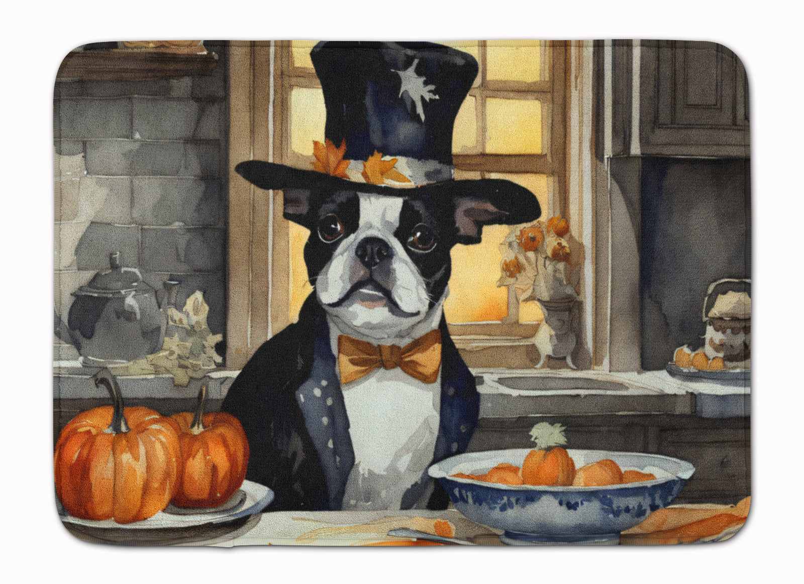 Buy this Boston Terrier Fall Kitchen Pumpkins Memory Foam Kitchen Mat