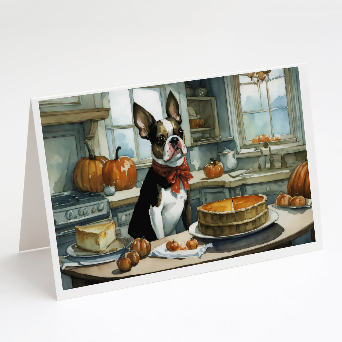 Buy this Boston Terrier Fall Kitchen Pumpkins Greeting Cards and Envelopes Pack of 8