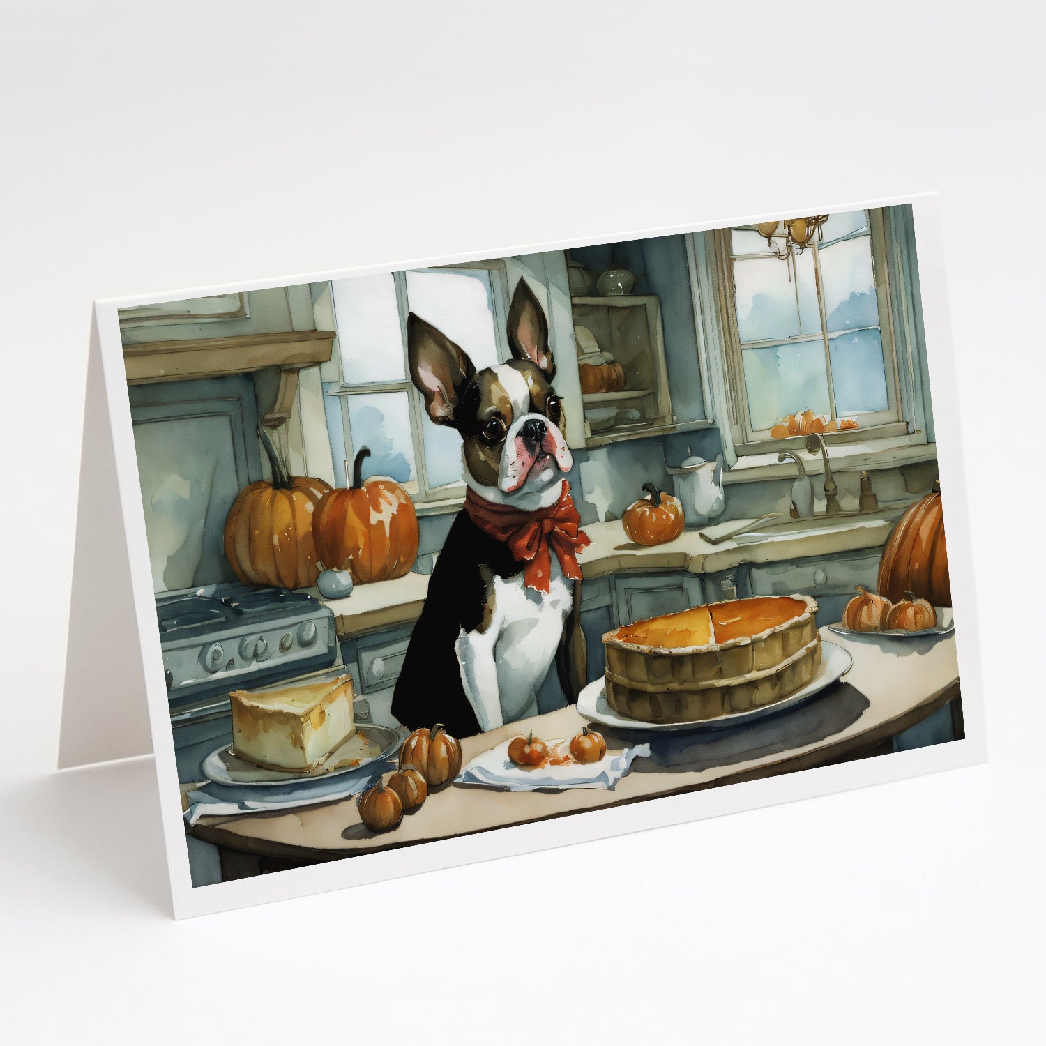 Buy this Boston Terrier Fall Kitchen Pumpkins Greeting Cards and Envelopes Pack of 8