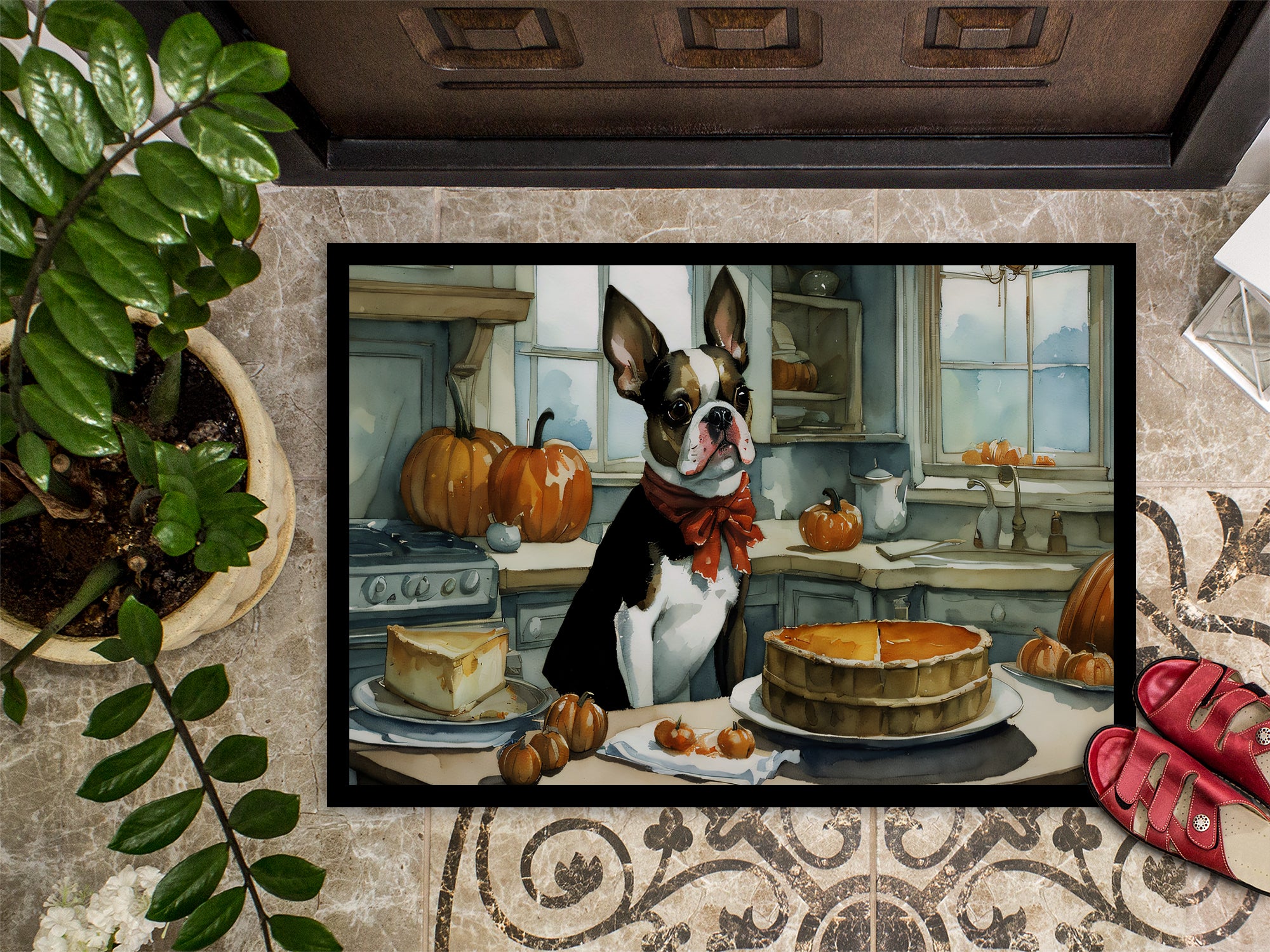 Boston Terrier Fall Kitchen Pumpkins Indoor or Outdoor Mat 24x36  the-store.com.