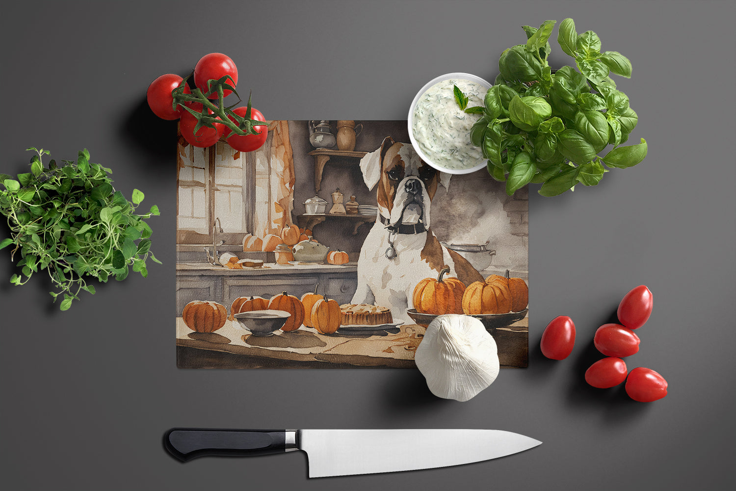 Boxer Fall Kitchen Pumpkins Glass Cutting Board Large  the-store.com.