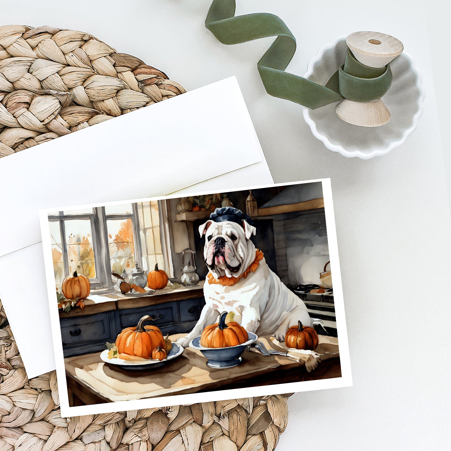 Buy this English Bulldog Fall Kitchen Pumpkins Greeting Cards and Envelopes Pack of 8