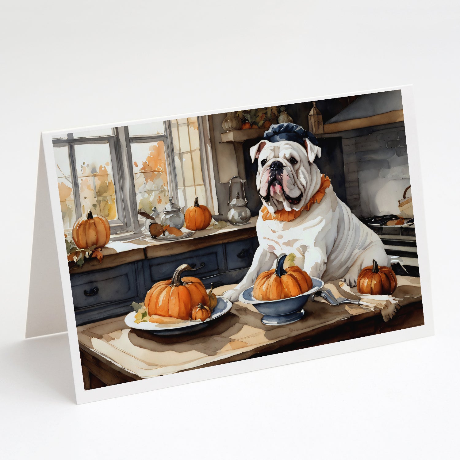 Buy this English Bulldog Fall Kitchen Pumpkins Greeting Cards and Envelopes Pack of 8