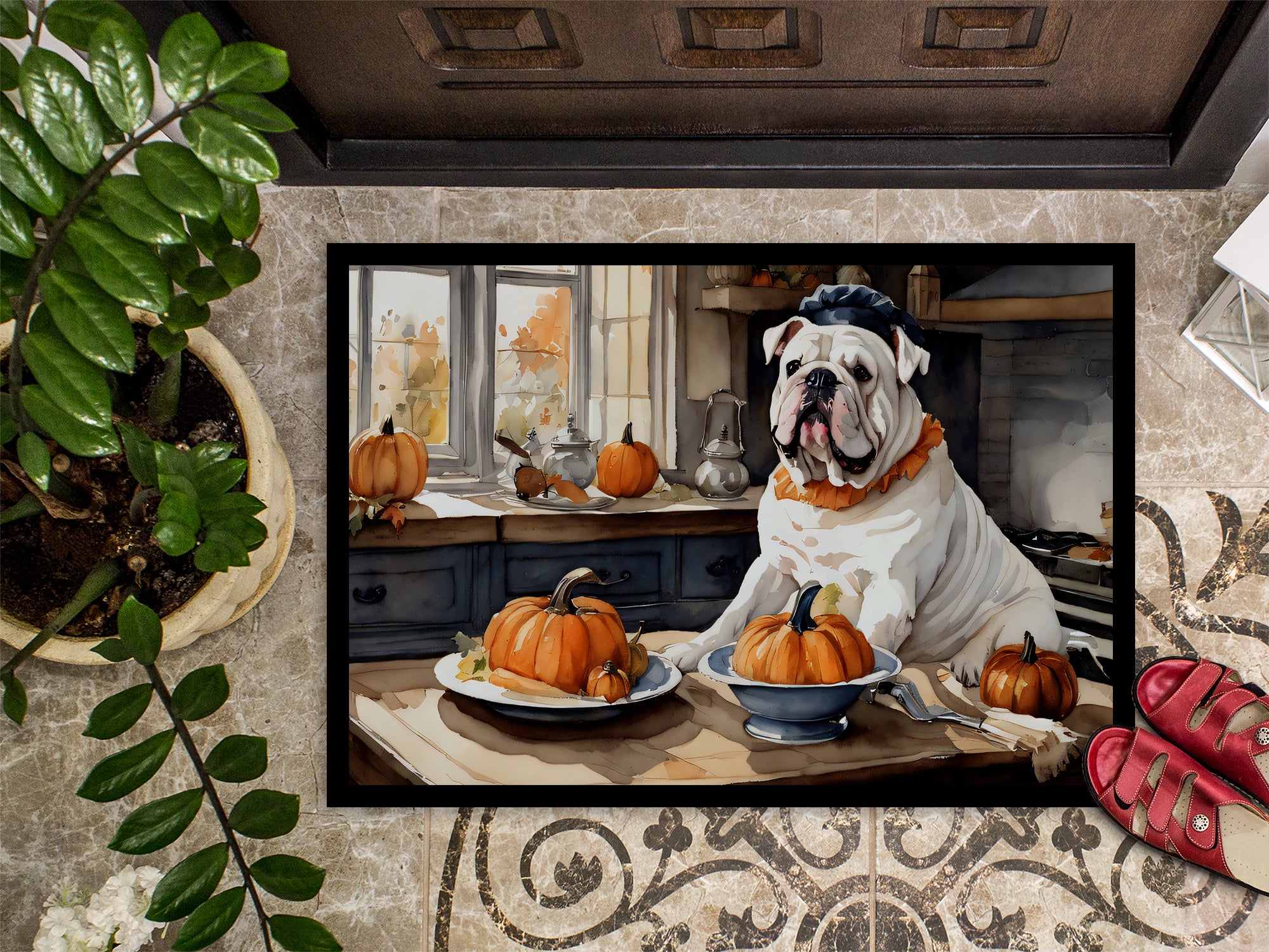 English Bulldog Fall Kitchen Pumpkins Indoor or Outdoor Mat 24x36  the-store.com.
