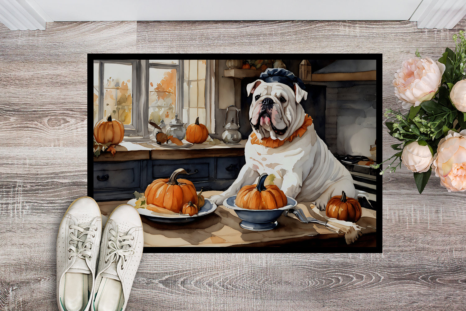 English Bulldog Fall Kitchen Pumpkins Doormat 18x27  the-store.com.