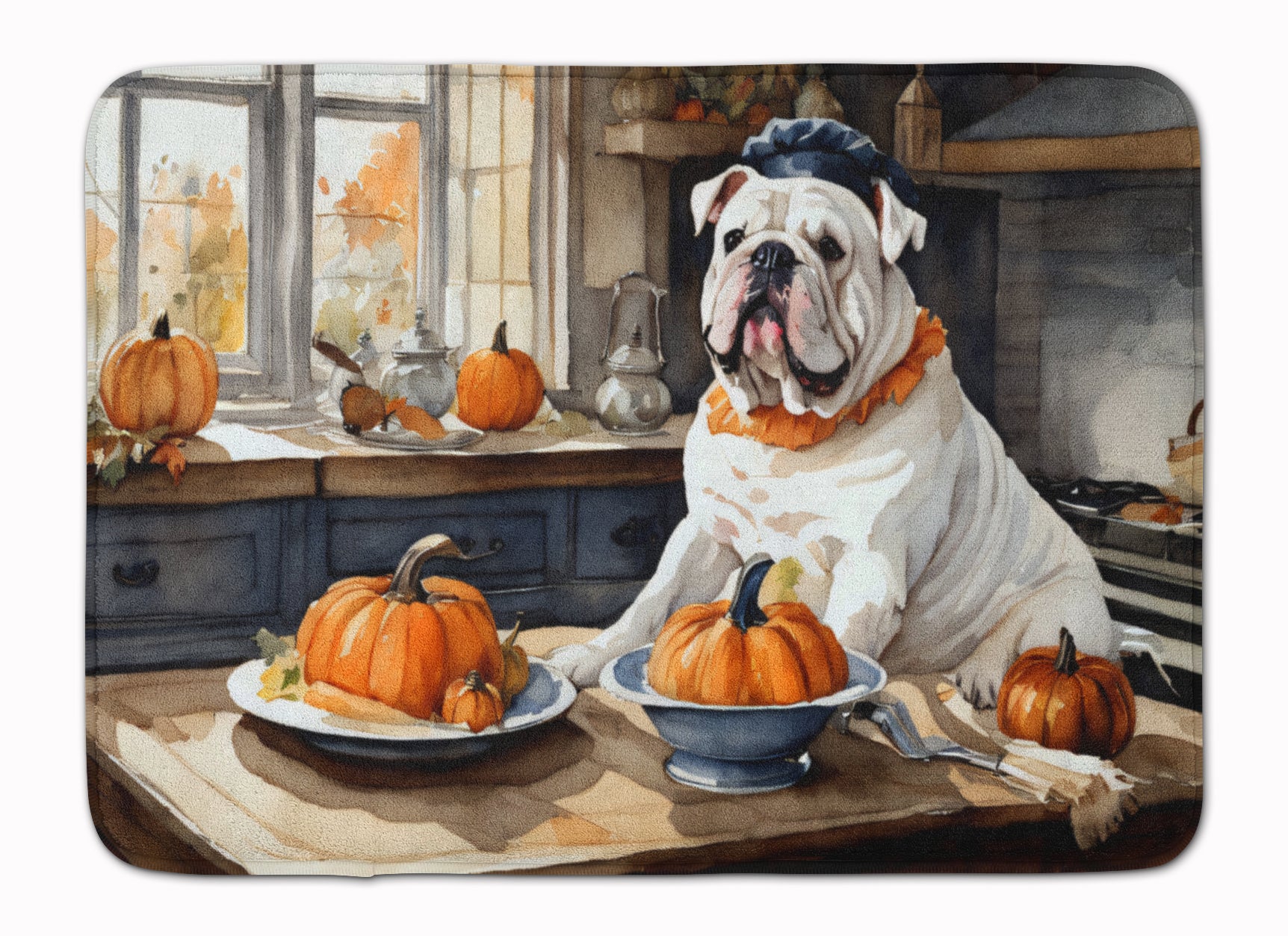 Buy this English Bulldog Fall Kitchen Pumpkins Memory Foam Kitchen Mat