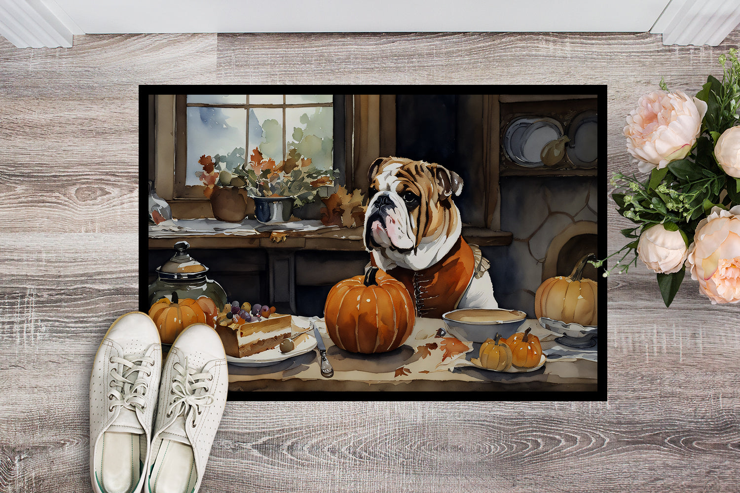 English Bulldog Fall Kitchen Pumpkins Indoor or Outdoor Mat 24x36  the-store.com.