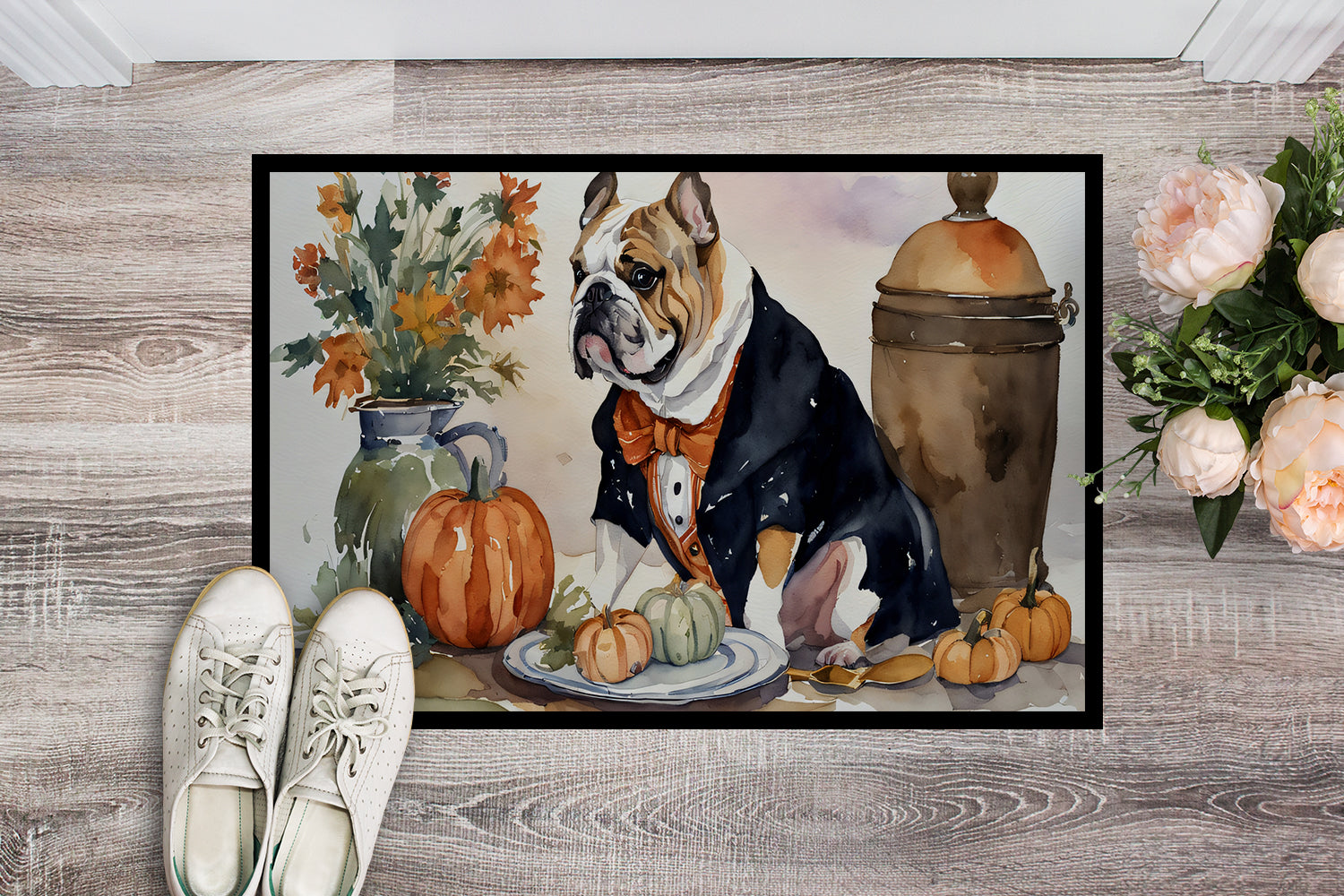 English Bulldog Fall Kitchen Pumpkins Indoor or Outdoor Mat 24x36  the-store.com.